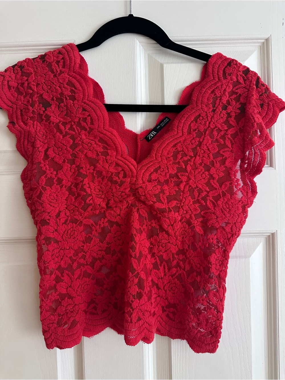 Zara Top Womens Red Soft Lace V Neck Pullover Sexy Lingerie Blouse L